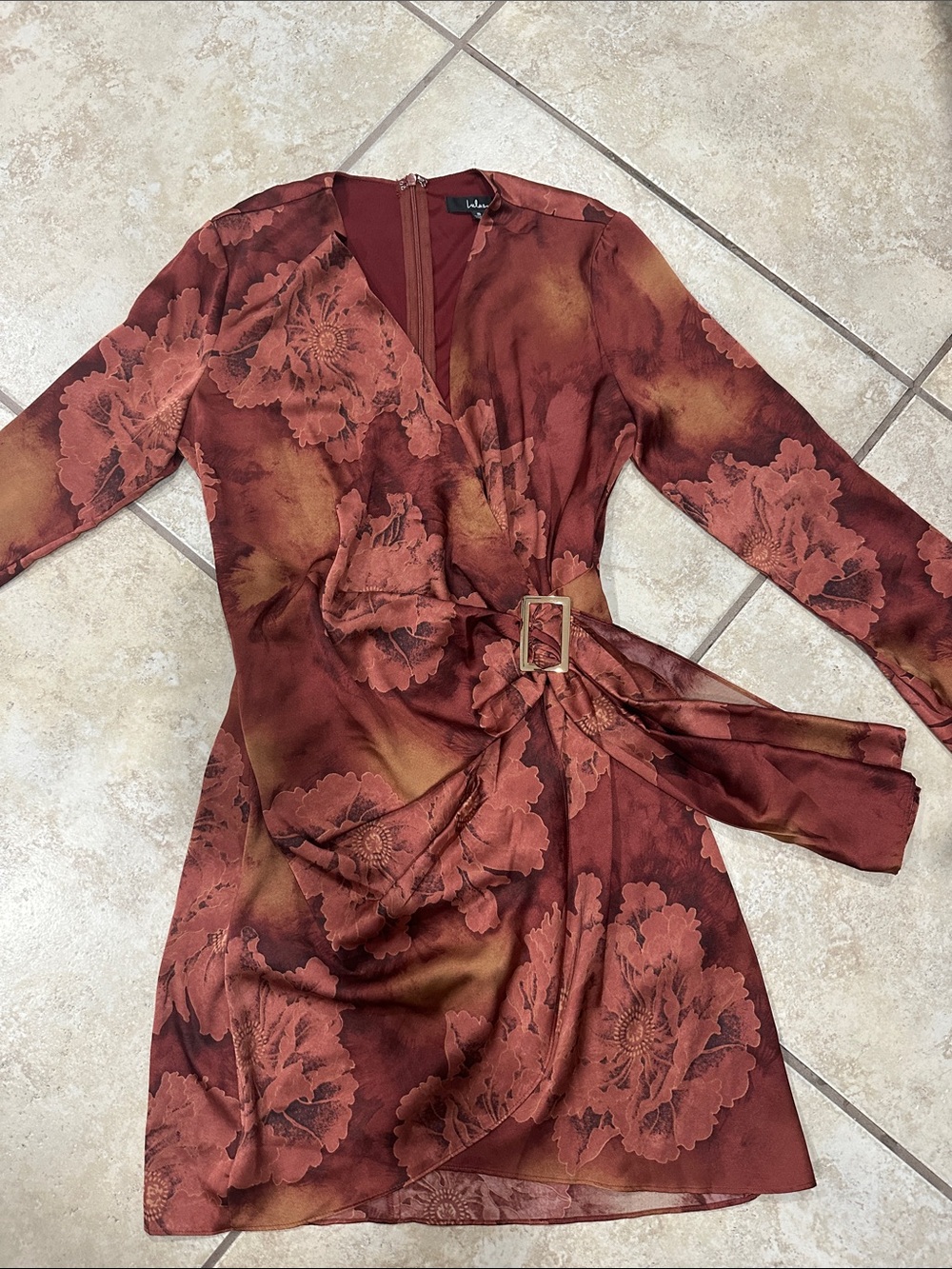 Lulu's Burnt Orange Floral Wrap Dress with Belt